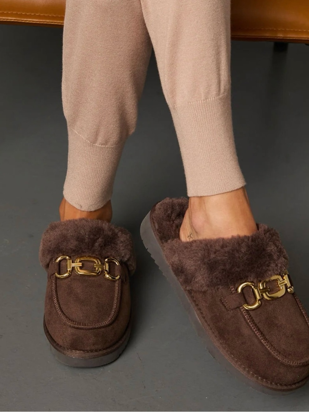 Vici Chocolate Brown Faux-Shearling Mule with Gold Chain Accent